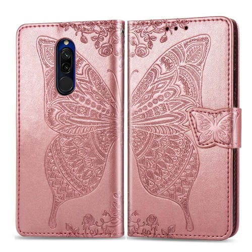 Para Xiaomi Redmi 8 Butterfly Love Flower Estuche de Cuero con Tapa Horizontal En Relieve con Soporte Ranura para Tarjeta con Cordón Monedero (Oro Rosa)