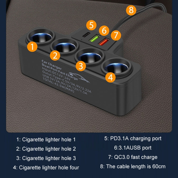 1 A 4 Q3.0 Encendedor De Cigarrillos Para Automóvil Carga Rápida Enchufe De Conversión Para Automóvil De 120 W (By-1369) - MOVILSTORE