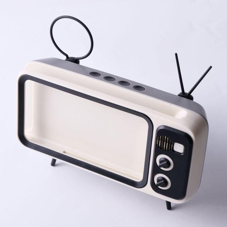 Soporte de Escritorio para Teléfono Móvil con Reproductor de Altavoz Bluetooth y Tv Pequeña Retro (Gris Plateado)