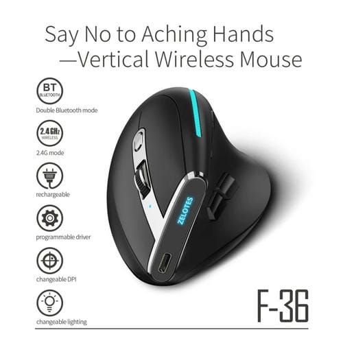 Ratón Inalámbrico Zelotes F36 9 Teclas Agarre Vertical Programación Ergonómica Bluetooth Dual + 2,4 G (Blanco)