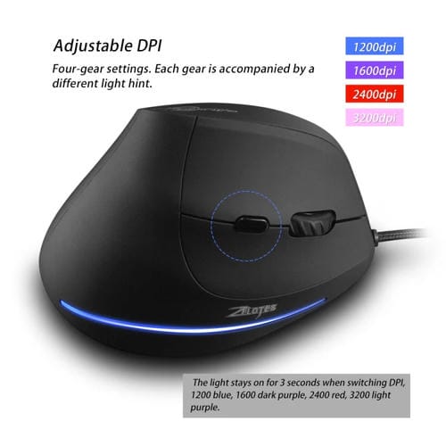Ratón Ergonómico con Cable Zelotes T20 para Computadora Portátil Agarre Vertical 6 Teclas (Negro)