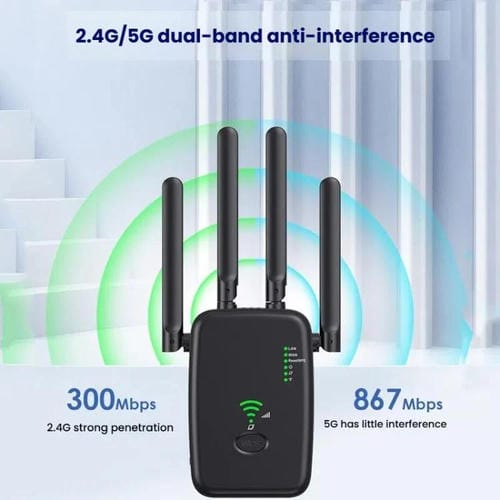 Repetidor Inalámbrico Urant U11 1200 Mbps 2,4G y 5,8G Amplificador Señal WIFI Compatible WPS Enchufe Europeo (Negro)