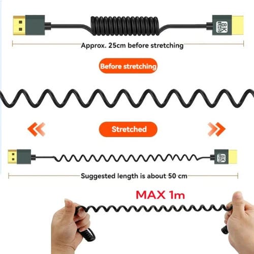 Cable HDMI 2.1 8K 60 Hz con Resorte y Curvatura Inversa, 0,5 m de Longitud