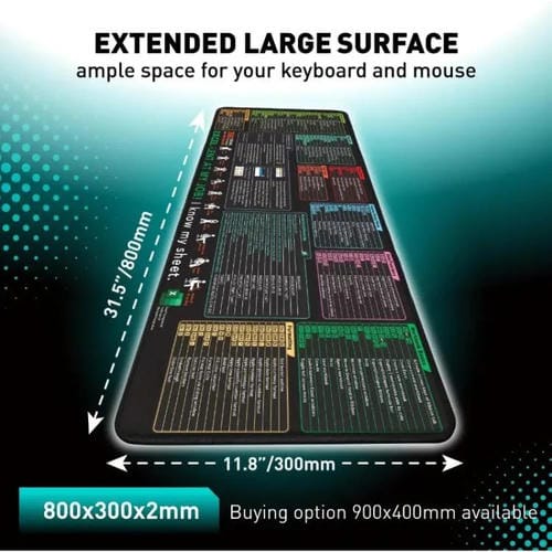 Alfombrilla de Escritorio Antideslizante para Oficina con Acceso Directo al Teclado y Comandos de Ordenador 400 x 800 x 2 mm (N.° 18)