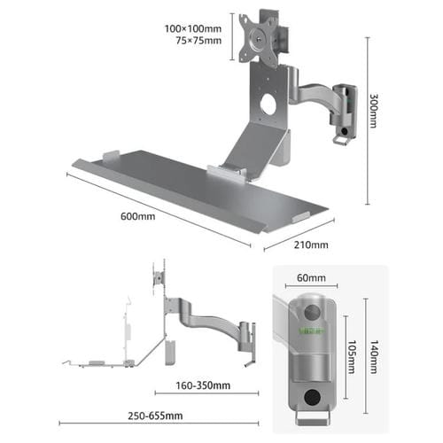 Soporte para monitor WKS-2 montaje en pared con bandeja para mouse y teclado (Negro)
