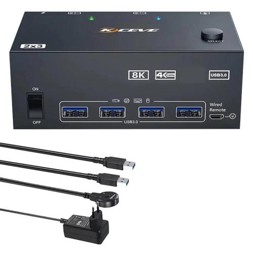 Conmutador KVM KCEVE KC-KVM204DH de 2 entradas y 4 salidas, 8K, 60 Hz, para 2 ordenadores y 4 monitores, enchufe europeo