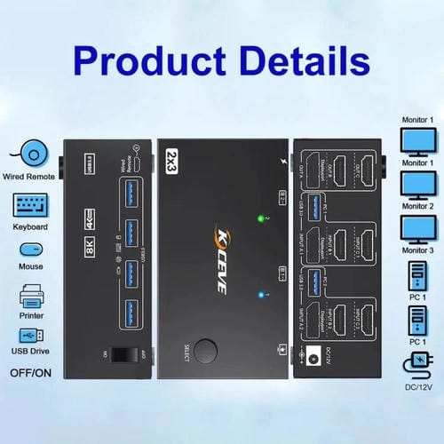 Conmutador KVM KCEVE KC-KVM204DH de 2 entradas y 4 salidas, 8K, 60 Hz, para 2 ordenadores y 4 monitores, con enchufe británico