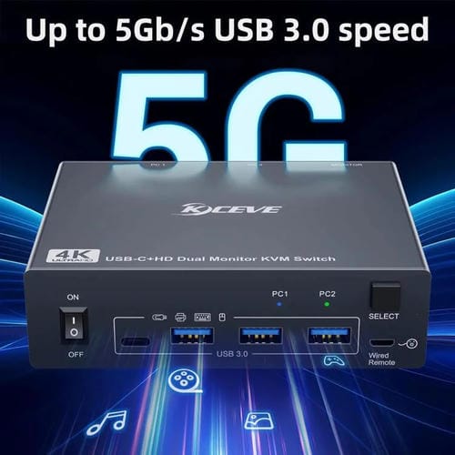 Conmutador KVM KVEVE KC-KVM202CH USB 3.0 con dos monitores, 4K, 60 Hz, enchufe de la UE