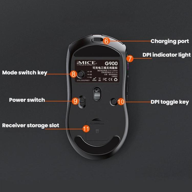 Ratón inalámbrico iMICE G900 6 teclas 12800 DPI recargable tres modos (Naranja)