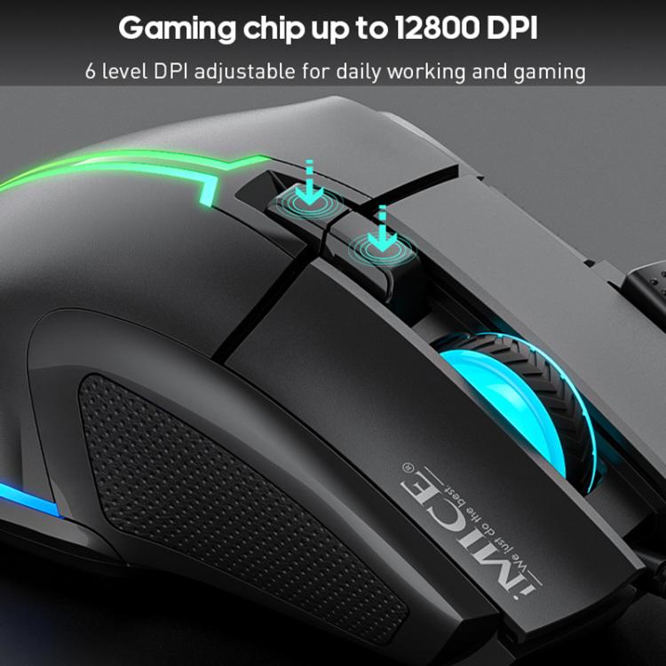 Ratón gaming IMICE T50 cable 8 teclas 12800 DPI ajustable iluminación RGB (Negro)