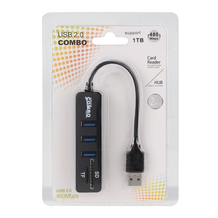 2 en 1 USB 2.0 480Mbps 3 puertos HUB COMBO + Lector de tarjetas Micro SD / T-FLASH SD / SDHC / SDXC para Windows XP / Vista / 8.1 / 7/8, MAC, etc. (Negro)