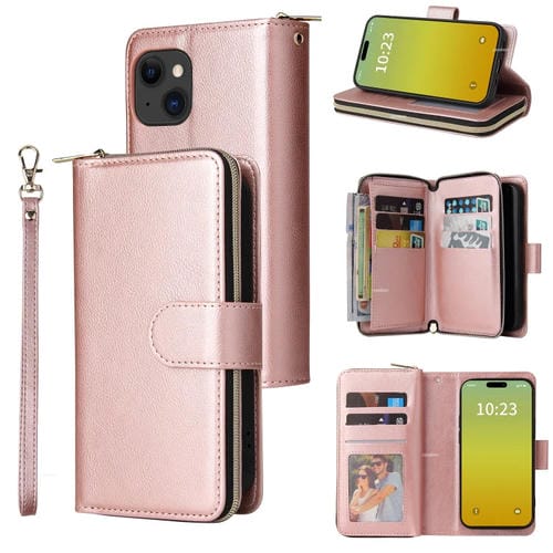 Para iPhone 15 9 Ranuras para Tarjetas Cartera con Cremallera Funda de Cuero para Teléfono (Oro Rosa) - MOVILSTORE