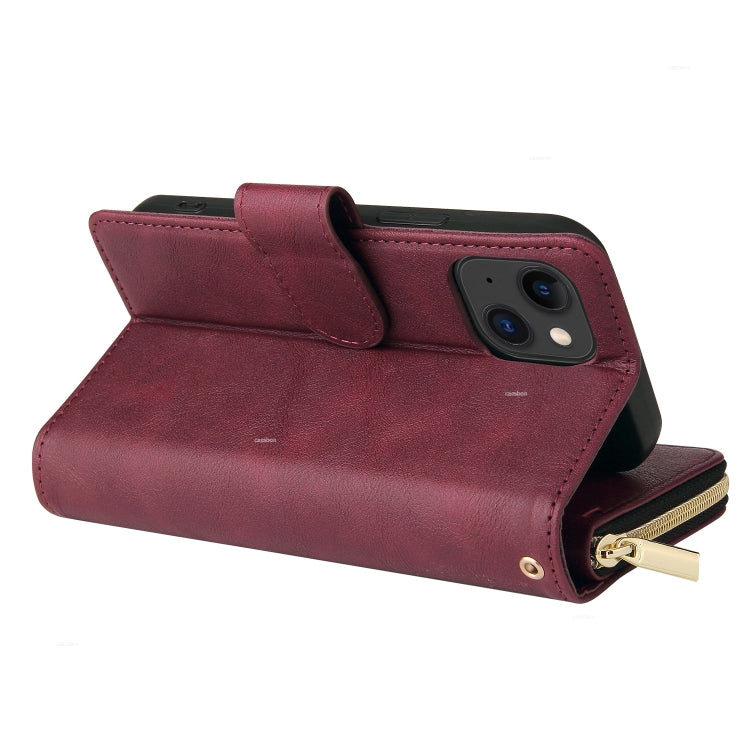 Para iPhone 15 9 Ranuras para Tarjetas Cartera con Cremallera Funda de Cuero para Teléfono (Rojo Vino) - MOVILSTORE