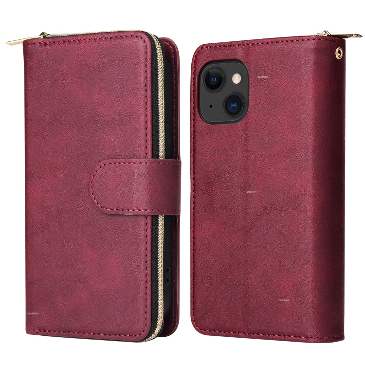 Para iPhone 15 9 Ranuras para Tarjetas Cartera con Cremallera Funda de Cuero para Teléfono (Rojo Vino) - MOVILSTORE