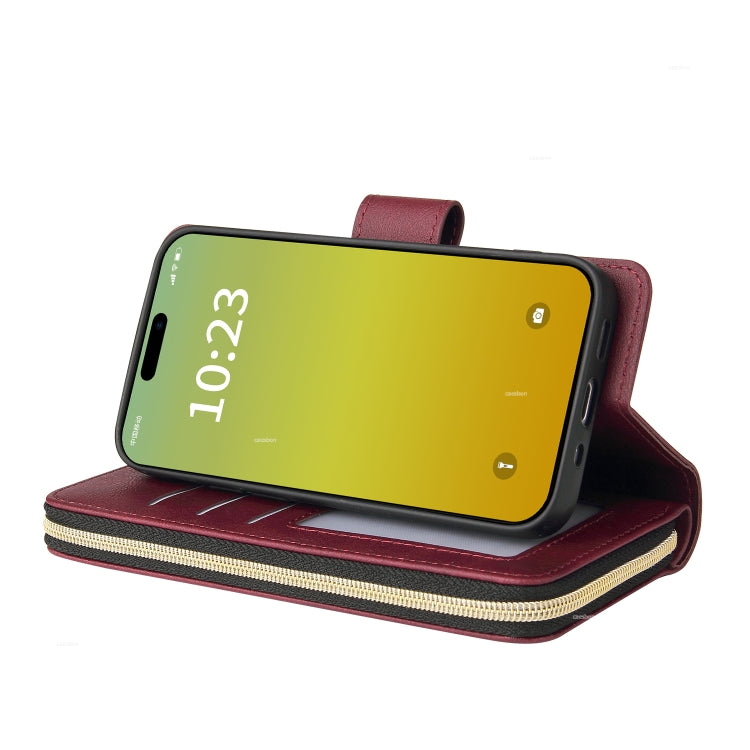 Para iPhone 15 9 Ranuras para Tarjetas Cartera con Cremallera Funda de Cuero para Teléfono (Rojo Vino) - MOVILSTORE