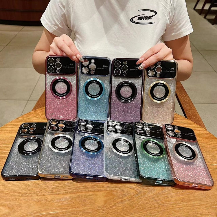 Para iPhone 15 Caja de Teléfono de TPU con Galvanoplastia con Brillo Degradado Magsafe con Ventana Grande (Púrpura) - MOVILSTORE