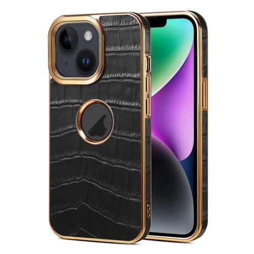 Para iPhone 15 Denior Funda para Teléfono con Galvanoplastia de Cuero Genuino con Textura de Cocodrilo (Negro) - MOVILSTORE