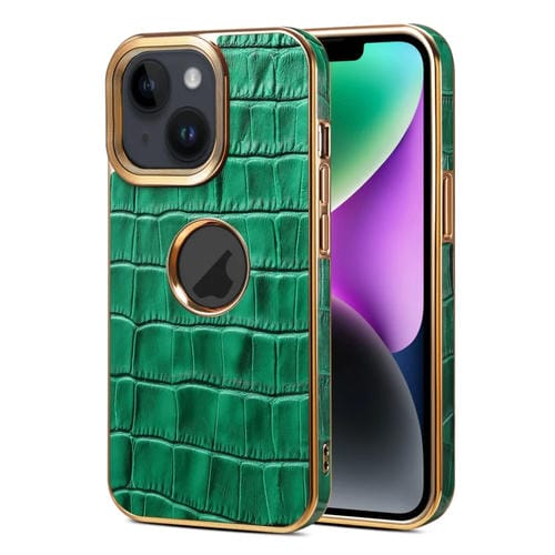 Para iPhone 15 Denior Funda para Teléfono con Galvanoplastia de Cuero Genuino con Textura de Cocodrilo (Verde) - MOVILSTORE