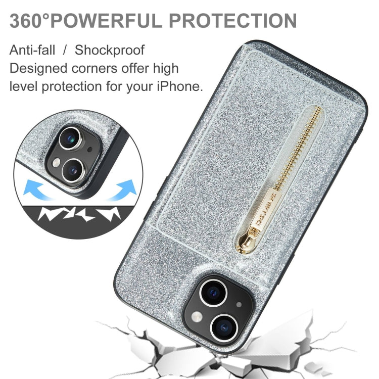 Para iPhone 15 Dg.Ming M3 Series Glitter Powder Card Bag Funda de Cuero para Teléfono (Plata) - MOVILSTORE