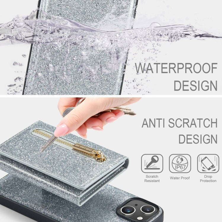 Para iPhone 15 Dg.Ming M3 Series Glitter Powder Card Bag Funda de Cuero para Teléfono (Plata) - MOVILSTORE