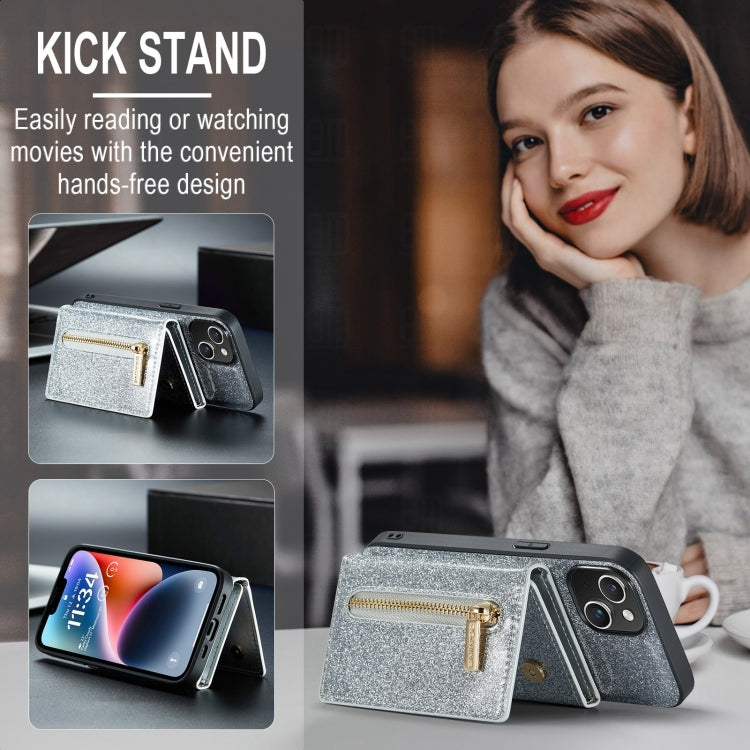Para iPhone 15 Dg.Ming M3 Series Glitter Powder Card Bag Funda de Cuero para Teléfono (Plata) - MOVILSTORE