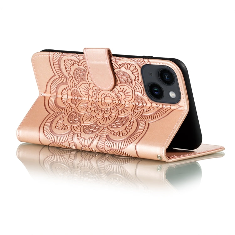 Para iPhone 15 Funda de Cuero con Estampado Sun Mandala (Oro Rosa) - MOVILSTORE