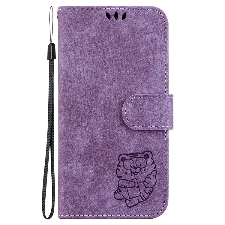 Para iPhone 15 Funda de Cuero con Relieve Little Tiger (Púrpura) - MOVILSTORE