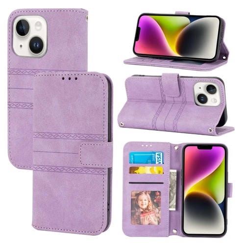 Para iPhone 15 Funda de Cuero con Sensación de Piel y Rayas En Relieve (Púrpura Claro) - MOVILSTORE