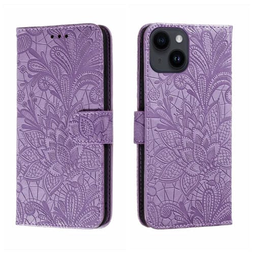 Para iPhone 15 Funda de Cuero con Tapa y Estampado de Flores de Encaje (Púrpura) - MOVILSTORE