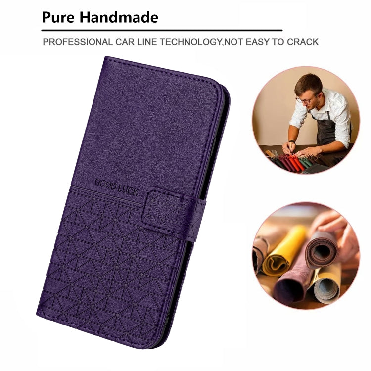 Para iPhone 15 Funda de Cuero con Textura Rómbica y Cordón (Púrpura) - MOVILSTORE