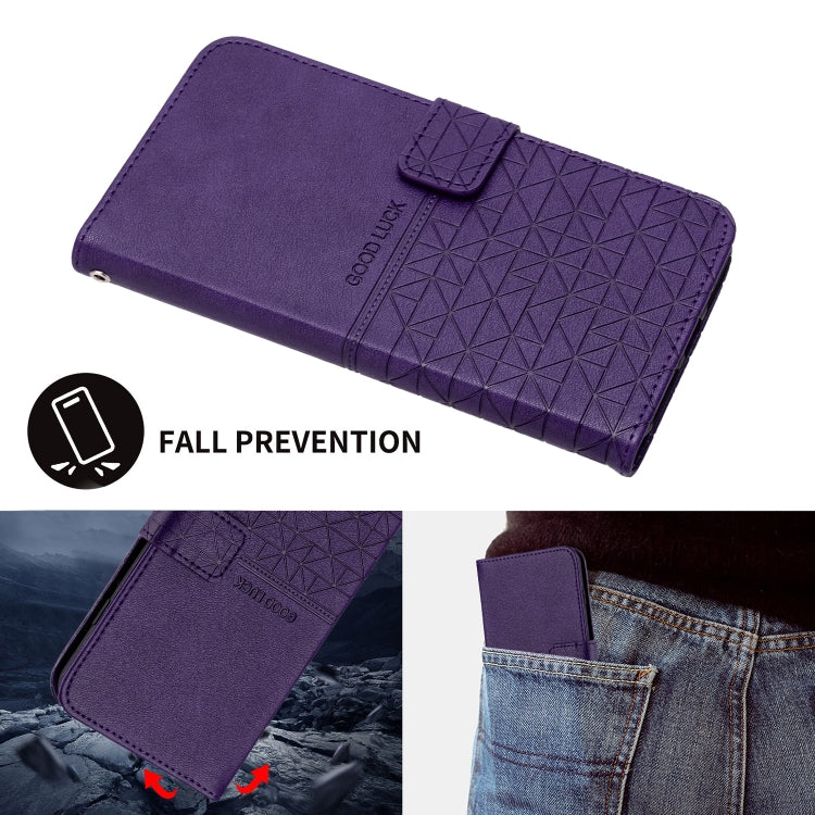 Para iPhone 15 Funda de Cuero con Textura Rómbica y Cordón (Púrpura) - MOVILSTORE