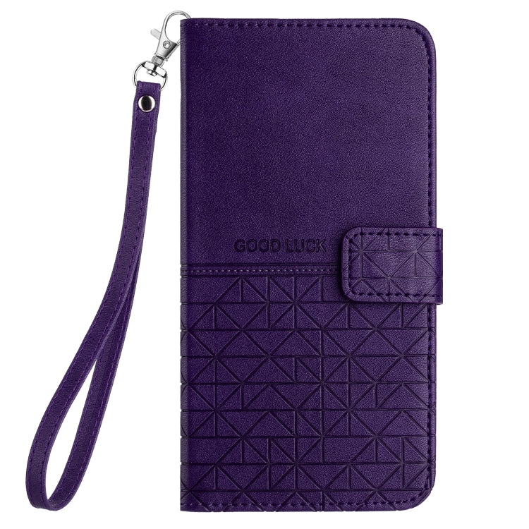 Para iPhone 15 Funda de Cuero con Textura Rómbica y Cordón (Púrpura) - MOVILSTORE