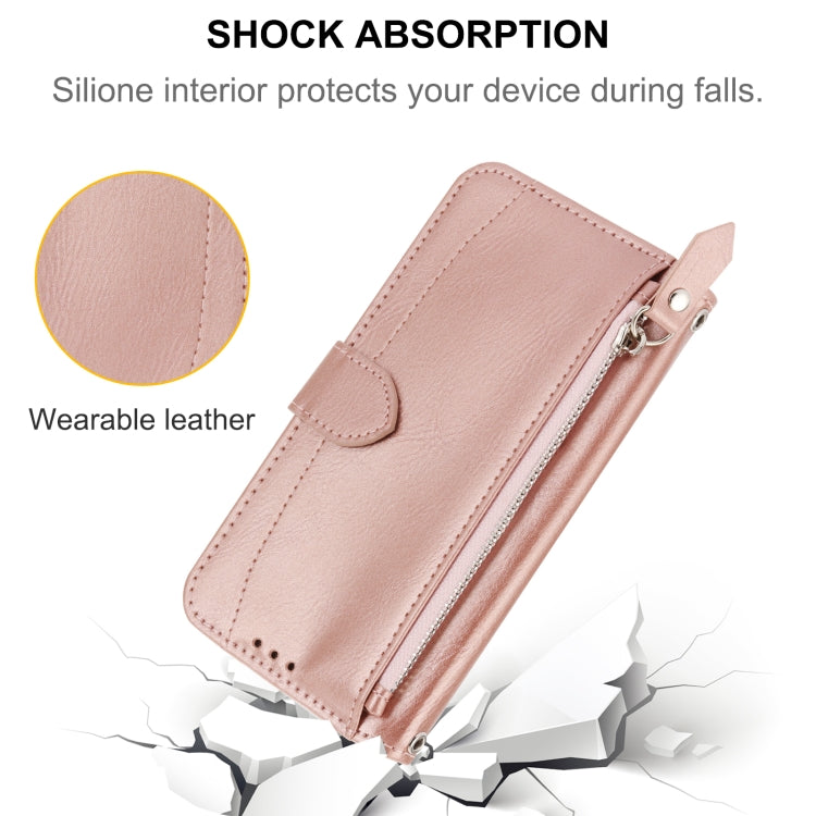 Para iPhone 15 Funda de Cuero para Teléfono con Billetera con Cremallera y Piel de Aceite (Oro Rosa) - MOVILSTORE