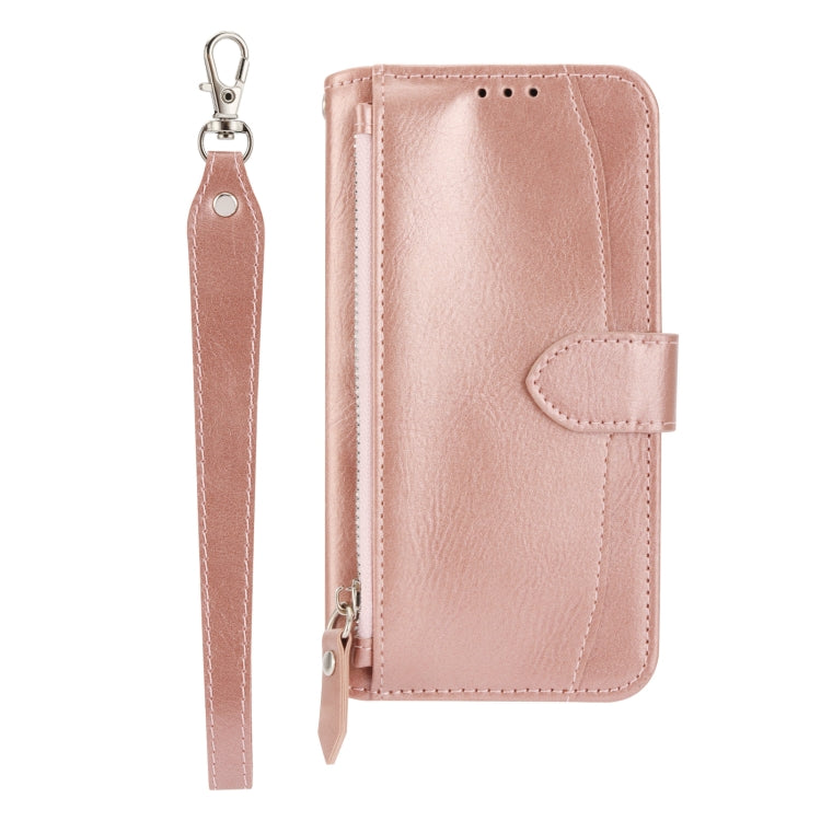 Para iPhone 15 Funda de Cuero para Teléfono con Billetera con Cremallera y Piel de Aceite (Oro Rosa) - MOVILSTORE