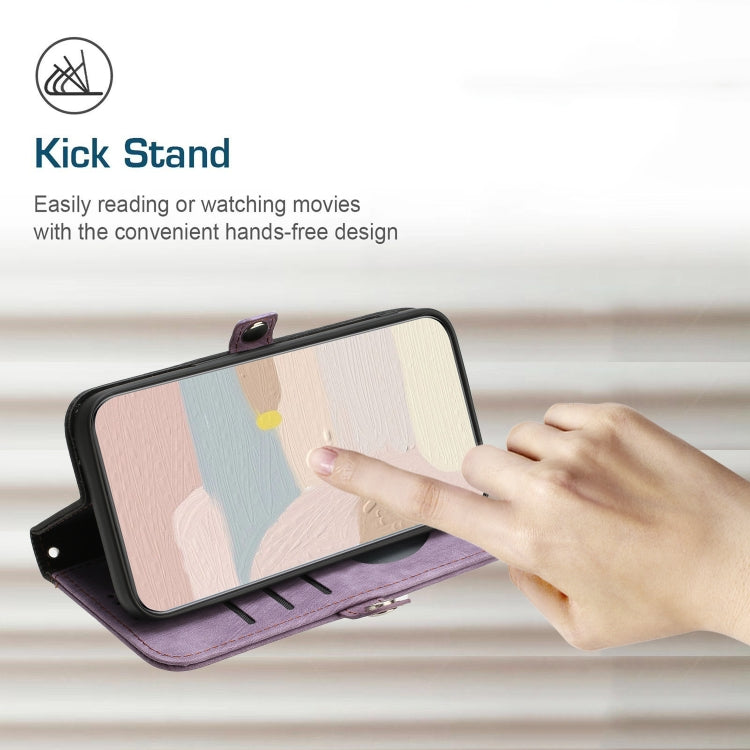Para iPhone 15 Funda de Cuero para Teléfono con Correa de Mano con Doble Pliegue y Hebilla Lateral (Púrpura) - MOVILSTORE