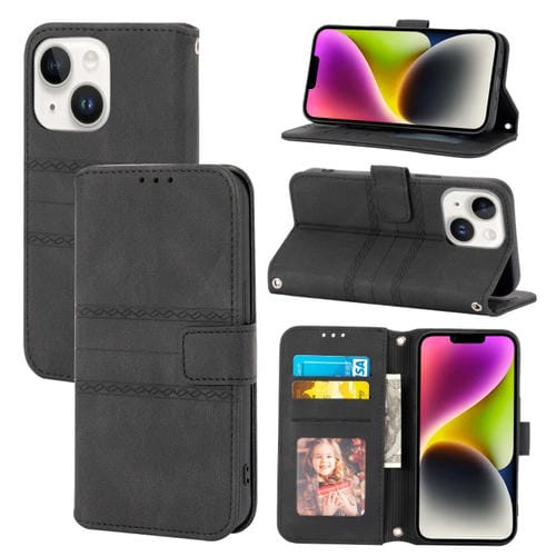 Para iPhone 15 Funda de Cuero para Teléfono con Sensación de Piel y Rayas En Relieve (Negro) - MOVILSTORE