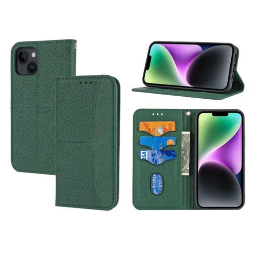 Para iPhone 15 Funda de Teléfono de Cuero Magnético con Costura de Textura Tejida (Verde) - MOVILSTORE