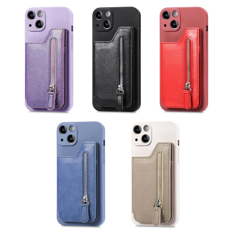 Para iPhone 15 Funda para Teléfono con Cremallera y Parte Trasera de Cuero a Prueba de Golpes (Caqui) - MOVILSTORE