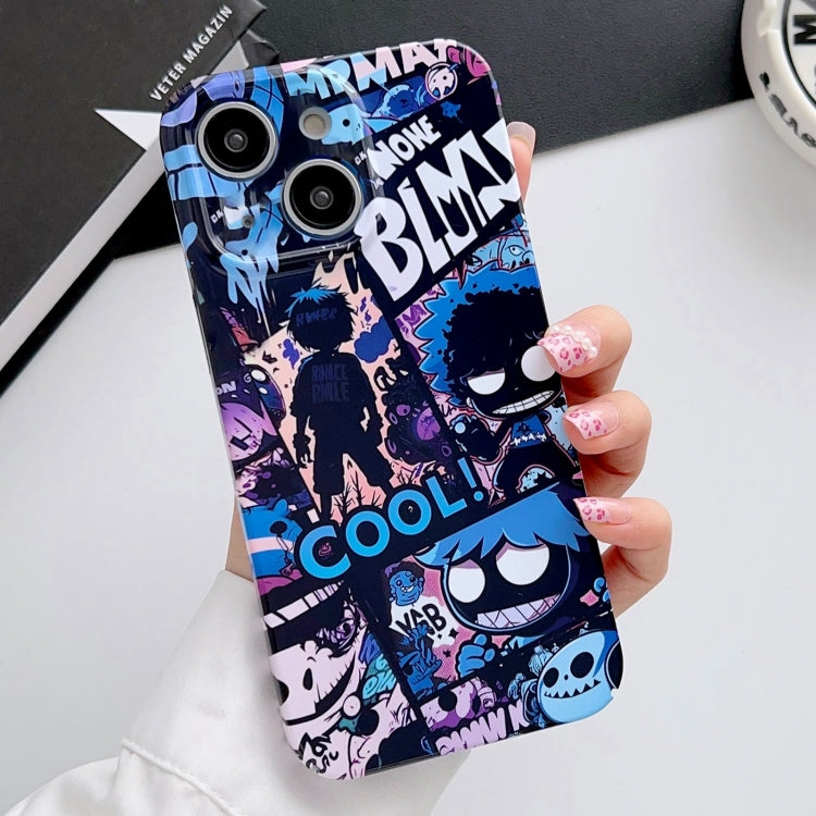 Para iPhone 15 Funda para Teléfono con Orificio Preciso para PC con Patrón Pintado (Cómics Morados) - MOVILSTORE