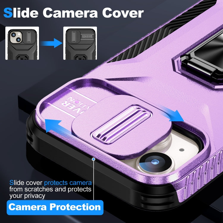 Para iPhone 15 Funda para Teléfono con Soporte Deslizante para Escudo de Levas (Púrpura) - MOVILSTORE