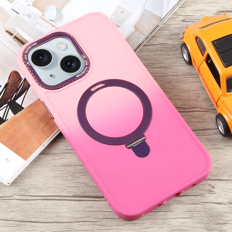 Para iPhone 15 Funda para Teléfono con Soporte Magsafe Degradado de Silicona Líquida (Rosa Rojo) - MOVILSTORE