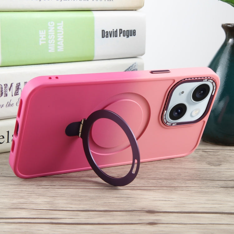 Para iPhone 15 Funda para Teléfono con Soporte Magsafe Degradado de Silicona Líquida (Rosa Rojo) - MOVILSTORE