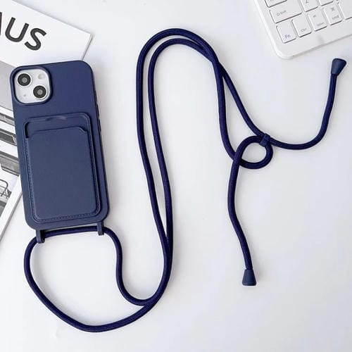 Para iPhone 15 Funda para Teléfono con TaRJetero de Silicona Elástica con Cordón Cruzado (Azul Oscuro) - MOVILSTORE