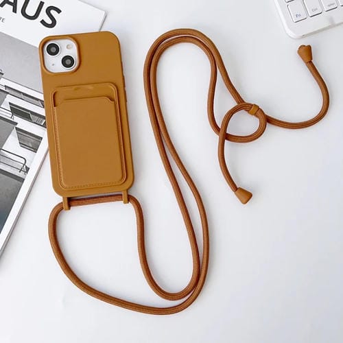 Para iPhone 15 Funda para Teléfono con TaRJetero de Silicona Elástica con Cordón Cruzado (Marrón) - MOVILSTORE