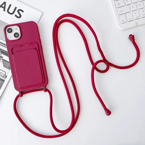 Para iPhone 15 Funda para Teléfono con TaRJetero de Silicona Elástica con Cordón Cruzado (Rojo Vino) - MOVILSTORE
