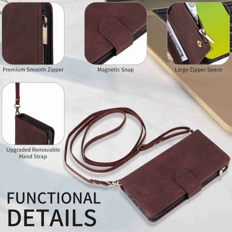 Para iPhone 15 Funda para Teléfono de Cuero con Cremallera y Ranura para Múltiples Tarjetas Cruzadas (Café) - MOVILSTORE