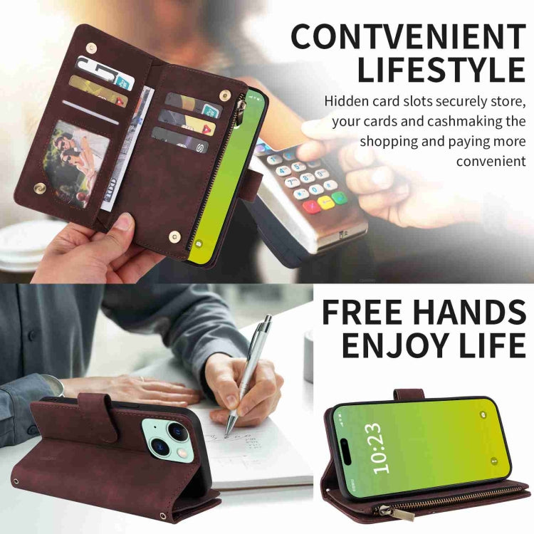 Para iPhone 15 Funda para Teléfono de Cuero con Cremallera y Ranura para Múltiples Tarjetas Cruzadas (Café) - MOVILSTORE