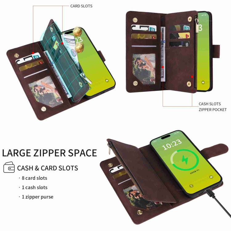 Para iPhone 15 Funda para Teléfono de Cuero con Cremallera y Ranura para Múltiples Tarjetas Cruzadas (Café) - MOVILSTORE