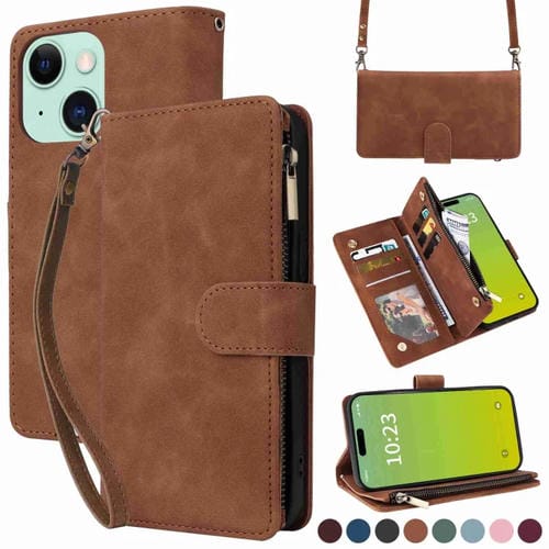 Para iPhone 15 Funda para Teléfono de Cuero con Cremallera y Ranura para Múltiples Tarjetas Cruzadas (Marrón) - MOVILSTORE