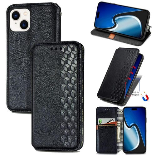 Para iPhone 15 Funda para Teléfono de Cuero Magnético Prensado con Rejilla Cúbica (Negro) - MOVILSTORE